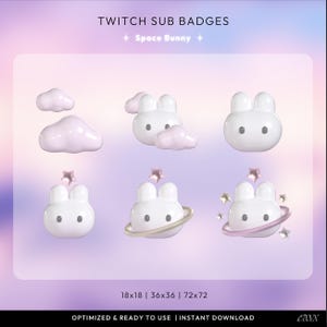 Space Bunny Twitch Sub Badges, Cute White Pastel Bunny Stream Badges, Kawaii Cloud Star Planet Twitch Badges for Cozy Aesthetic Streamers