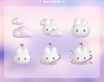 Space Bunny Twitch Sub Badges, Cute White Pastel Bunny Stream Badges, Kawaii Cloud Star Planet Twitch Badges for Cozy Aesthetic Streamers