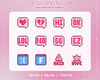 Pink Pixel Twitch Animated Emotes Pack, 12 Retro Animated & Static Emotes for Streamers