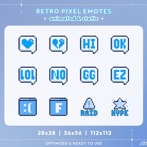 Puede incluir: Un conjunto de 12 emoticonos de pixel art en azul y blanco, que incluyen un corazón, un corazón roto, hola, ok, lol, no, gg, ez, cara triste, letra F, incursión e hype. Los emoticonos son de diferentes tamaños: 28x28, 56x56 y 112x112.
