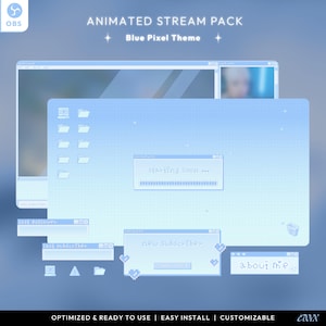 Könnte beinhalten: Animiertes Stream-Paket mit einem blauen Pixel-Thema. Das Paket enthält einen Bildschirm für den baldigen Start, einen Bildschirm für neue Abonnenten und einen Bildschirm über mich. Die Bildschirme sind alle im blauen Pixel-Stil gehalten.