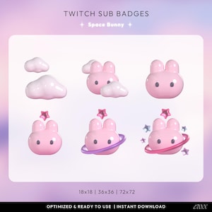 Puede incluir: Un conjunto de insignias de suscripción de Twitch Space Bunny rosas. Las insignias incluyen un conejito con nubes, un conejito con una estrella y un conejito con un planeta. El texto "TWITCH SUB BADGES" y "Space Bunny" están en la parte superior.