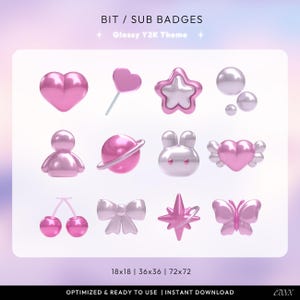 Puede incluir: Una colección de insignias brillantes rosas y blancas con temática Y2K. Las insignias incluyen un corazón, una piruleta, una estrella, esferas, una persona, un planeta, un conejito, un corazón con alas, cerezas, un lazo, una explosión estelar y una mariposa. El texto dice "BIT / SUB BADGES" y "Glossy Y2K Theme".