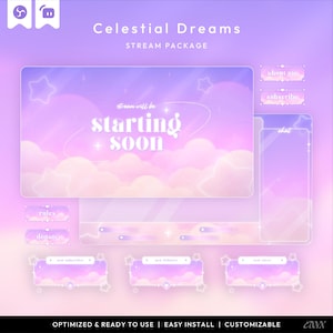 Op de afbeelding: Een digitaal stroompakket met een hemels thema. Het ontwerp heeft een zacht paars en roze kleurenpalet met wolken- en sterrenafbeeldingen. Inclusief overlay-schermen, chatboxen en knoppen met tekst als "starting soon", "about me" en "subscribe".