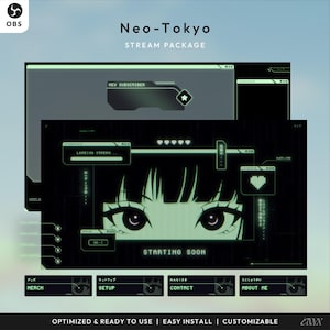 Pode incluir: Um pacote de streaming digital com tema Neo-Tokyo. O design apresenta um esquema de cores preto e verde com gráficos em estilo anime. O texto inclui "Neo-Tokyo STREAM PACKAGE", "NEW SUBSCRIBER", "STARTING SOON" e várias opções de menu. O pacote é otimizado, fácil de instalar e personalizável.