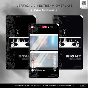 Puede incluir: Superposiciones de transmisión en vivo verticales en blanco y negro con el texto "Cyber Girlfriend". El diseño incluye ojos de estilo anime e interfaces de transmisión en vivo simuladas. También es visible el texto "RIGHT BACK".