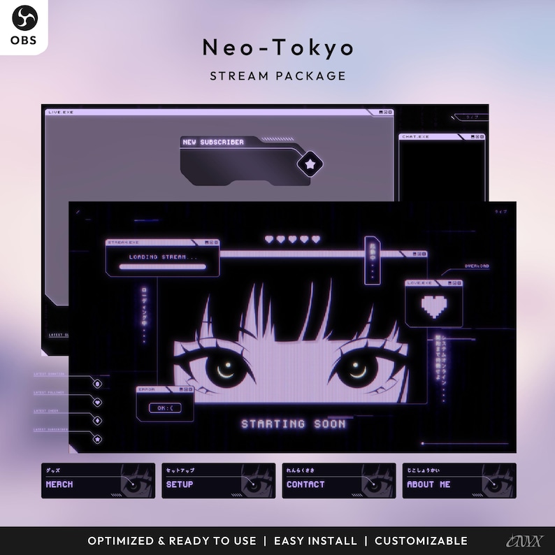 May include: A digital stream package titled "Neo-Tokyo" with a purple and black color scheme. The design features anime-style eyes, various overlay elements, and text including "Starting Soon," "Merch," and "Setup." The package is optimized, easy to install, and customizable.