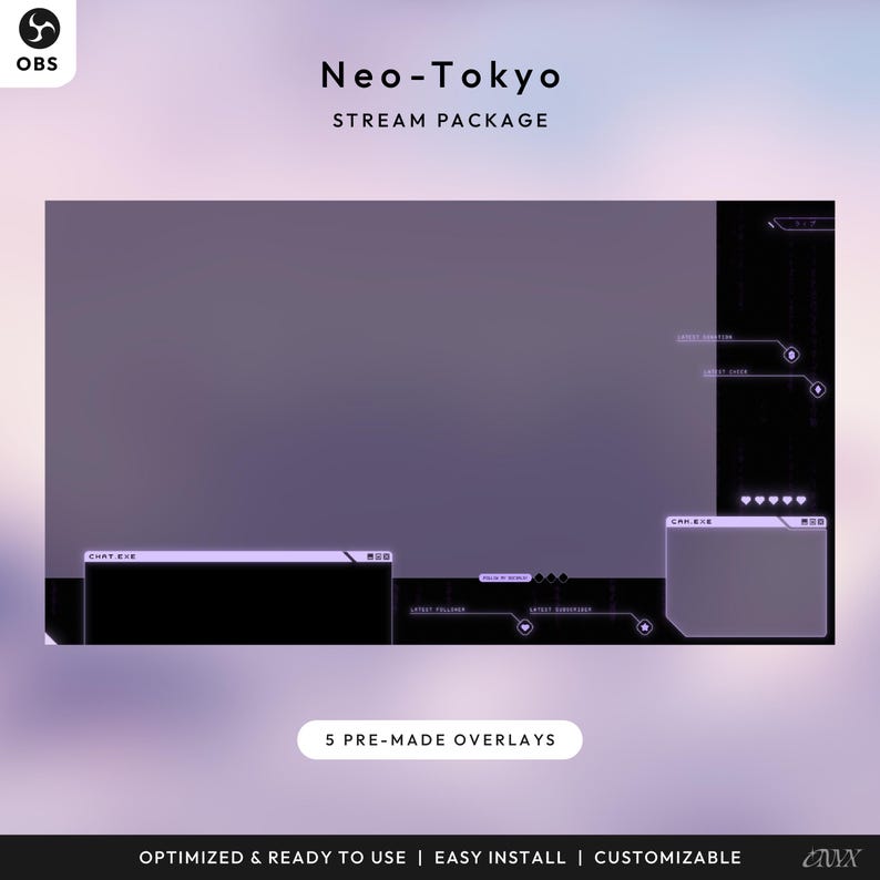 May include: A digital stream package titled "Neo-Tokyo" with a purple and black color scheme. The package includes 5 pre-made overlays. The text "OBS" is in the upper left corner. The bottom of the image reads "Optimized & Ready to Use | Easy Install | Customizable."