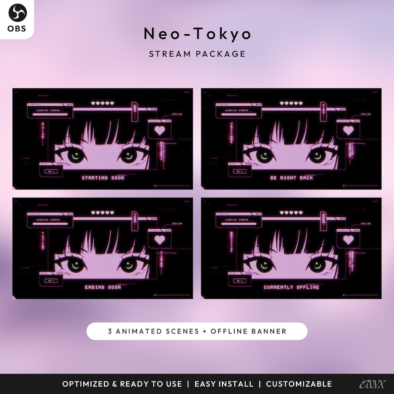 Może przedstawiać: Pakiet streamingu sztuki cyfrowej zatytułowany "Neo-Tokyo" z czterema animowanymi scenami. Każda scena zawiera oczy w stylu anime i tekst: "Starting Soon", "Be Right Back", "Ending Soon" i "Currently Offline". Pakiet zawiera 3 animowane sceny.