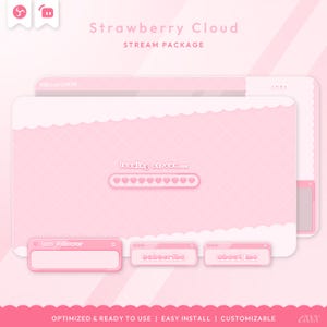 Puede incluir: Un paquete de transmisión digital rosa titulado "Strawberry Cloud" con una barra de carga de corazones. Incluye botones "new follower", "subscribe" y "about me". El diseño está optimizado y listo para usar.