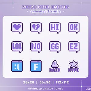 Puede incluir: Un conjunto de 12 emoticonos de pixel art en varios tamaños, incluyendo 28x28, 56x56 y 112x112 píxeles. Los emoticonos están en un esquema de color morado y blanco y presentan varias expresiones y frases, como "HI", "OK", "LOL", "NO", "GG", "EZ", ":(", "F", "RAID" y "HYPE".