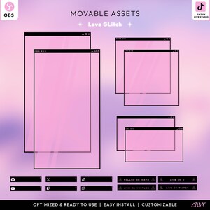 May include: A digital art graphic with pink window overlays and black borders. The text includes "MOVABLE ASSETS", "Love GLitch", and social media icons. Additional text reads "OPTIMIZED & READY TO USE | EASY INSTALL | CUSTOMIZABLE".