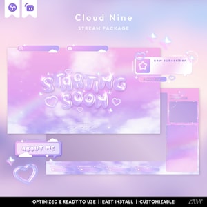 Può includere: Un pacchetto di streaming digitale con una palette di colori pastello. Il design presenta uno sfondo di cielo nuvoloso con il testo "Cloud Nine" e "Starting Soon". Ulteriori elementi includono una notifica "nuovo iscritto" e una sezione "Chi sono". Il pacchetto è ottimizzato e pronto all'uso.