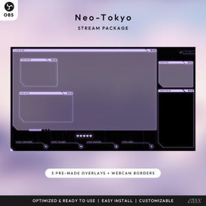 May include: A digital overlay package for live streaming, featuring a futuristic design with a purple and black color scheme. The package includes pre-made overlays and webcam borders. Text on the image reads "Neo-Tokyo Stream Package".