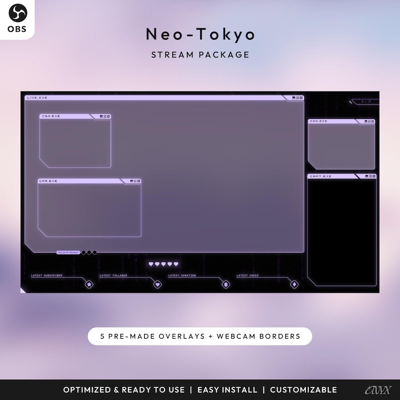May include: A digital overlay package for live streaming, featuring a futuristic design with a purple and black color scheme. The package includes pre-made overlays and webcam borders. Text on the image reads "Neo-Tokyo Stream Package".