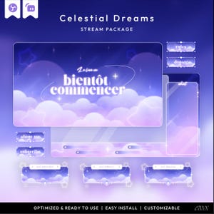 May include: A digital stream package titled "Celestial Dreams" with a purple and blue celestial theme. Includes a main screen with the text "La live va bientôt commencer", chat box, and various overlay elements like "rules" and "donate" buttons.