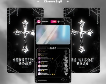 May include: Vertical livestream overlays featuring a chrome sigil theme with black backgrounds, silver cross motifs, and hanging chains. The set includes screens with text reading STARTING SOON, BE RIGHT BACK, and a live chat interface with user icons.