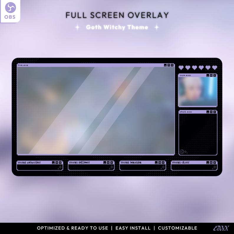 May include: A purple and black OBS overlay with a goth witchy theme. The overlay includes a large window for the main video feed, smaller windows for chat, donations, and other information, and a heart-shaped icon for the live stream.