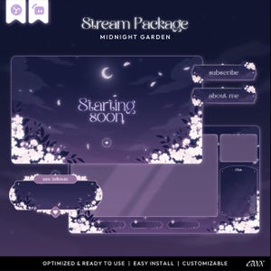 Könnte beinhalten: Ein digitales Stream-Paket mit dem Titel Midnight Garden, bestehend aus dunkelvioletten Overlays mit weißen Blumenakzenten, einer Mondsichel und Texten wie Starting Soon, Subscribe, About Me, New Follower und Chat für Live-Übertragungen.
