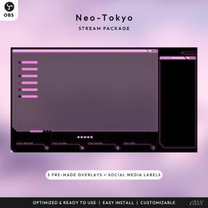 Może przedstawiać: Pakiet nakładek do streamingu cyfrowego zatytułowany "Neo-Tokyo" w ciemnofioletowej i r&oacute;żowej kolorystyce. Projekt zawiera gł&oacute;wny obszar wyświetlania, okno czatu i r&oacute;żne panele informacyjne. Tekst na obrazie to "5 PRE-MADE OVERLAYS + SOCIAL MEDIA LABELS".
