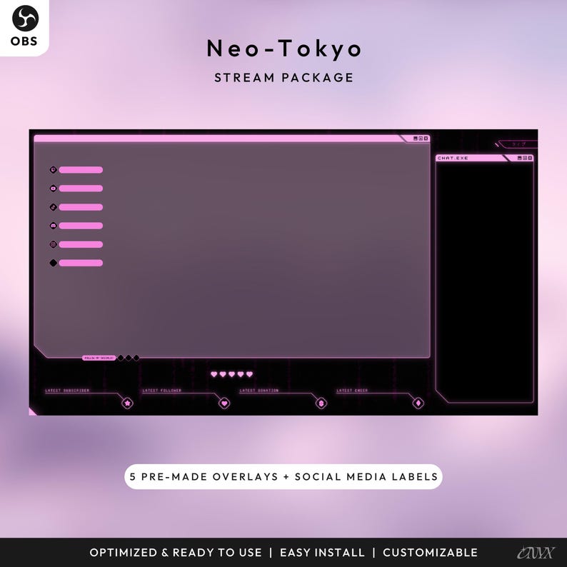 Może przedstawiać: Pakiet nakładek do streamingu cyfrowego zatytułowany "Neo-Tokyo" w ciemnofioletowej i r&oacute;żowej kolorystyce. Projekt zawiera gł&oacute;wny obszar wyświetlania, okno czatu i r&oacute;żne panele informacyjne. Tekst na obrazie to "5 PRE-MADE OVERLAYS + SOCIAL MEDIA LABELS".