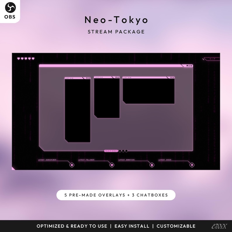 Może przedstawiać: Grafika cyfrowa dla pakietu streamingowego, zatytułowana "Neo-Tokyo". Projekt ma ciemne tło z r&oacute;żowym i fioletowym interfejsem, w tym okna czatu i nakładki. Tekst na dole brzmi "5 gotowych nakładek + 3 Chatboxy."