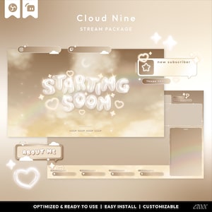 Op de afbeelding: Een digitaal stream-pakket genaamd Cloud Nine met een beige en witte esthetiek, wolken, regenbogen en glitters. De graphics bevatten tekst-overlays zoals Starting Soon, New Subscriber en About Me, samen met diverse UI-elementen voor streaming.