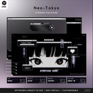 Neo-Tokyo, Cyberpunk Anime Twitch Overlay Pack, Neon Black & White Animated Stream Package, Gaming Overlay, Glitchcore OBS Scenes