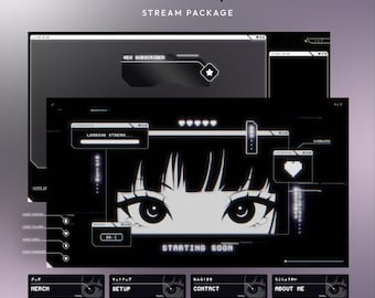 May include: A black and white Neo-Tokyo stream package with a futuristic design. The package includes overlays with anime-style graphics, featuring a girl's eyes and various streaming elements. Text includes "Neo-Tokyo", "Stream Package", and other streaming-related labels.