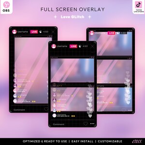 May include: A digital overlay design for live streaming, featuring a black frame with a pink and purple gradient background. The design includes elements like a username, live status, and comment sections, with the text "FULL SCREEN OVERLAY" and "Love GLitch".