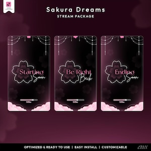 May include: A digital stream package titled "Sakura Dreams" with a dark pink and black color scheme. The package includes three screens with a cherry blossom design and the phrases "Starting Soon", "Be Right Back", and "Ending Soon". The package is optimized and ready to use.