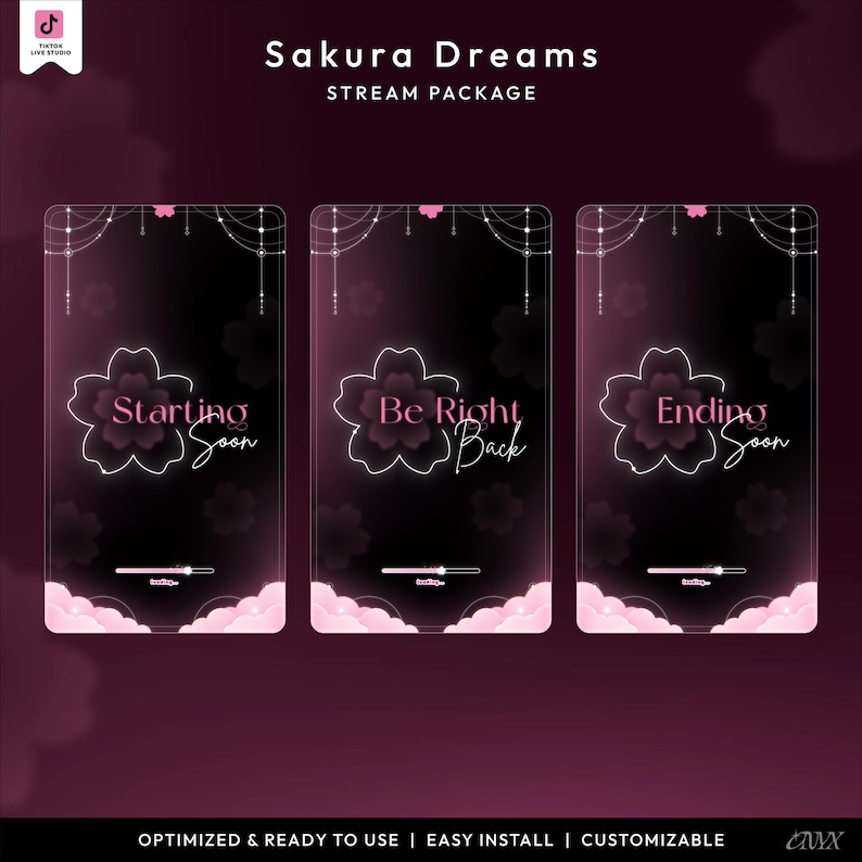 May include: A digital stream package titled "Sakura Dreams" with a dark pink and black color scheme. The package includes three screens with a cherry blossom design and the phrases "Starting Soon", "Be Right Back", and "Ending Soon". The package is optimized and ready to use.