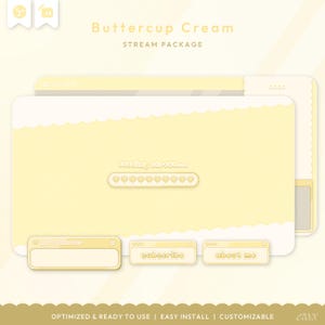 Puede incluir: Un paquete de transmisión digital en un esquema de color crema de botón de oro. El diseño incluye una pantalla de carga, una notificación de nuevo seguidor, un botón de suscripción y una sección sobre mí. El texto dice "Buttercup Cream STREAM PACKAGE".