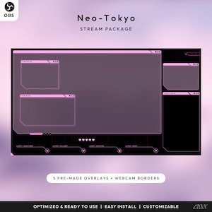Może przedstawiać: Cyfrowy projekt graficzny dla pakietu nakładek do streamowania. Projekt ma czarno-r&oacute;żową kolorystykę z tekstem "Neo-Tokyo Stream Package". Pakiet zawiera 5 gotowych nakładek i obramowania kamery internetowej.