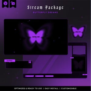 Puede incluir: Un paquete de streaming digital titulado Butterfly Dreams con un esquema de color morado y negro. El conjunto incluye una pantalla de inicio con una mariposa brillante, un panel about me, una caja de new follower y marcos de superposición.