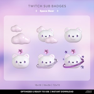 Puede incluir: Un conjunto de insignias de suscripción de Twitch con un oso blanco con detalles morados, nubes, estrellas y un anillo planetario. El texto "TWITCH SUB BADGES" y "Space Bear" están en la parte superior. La imagen está optimizada y lista para usar.