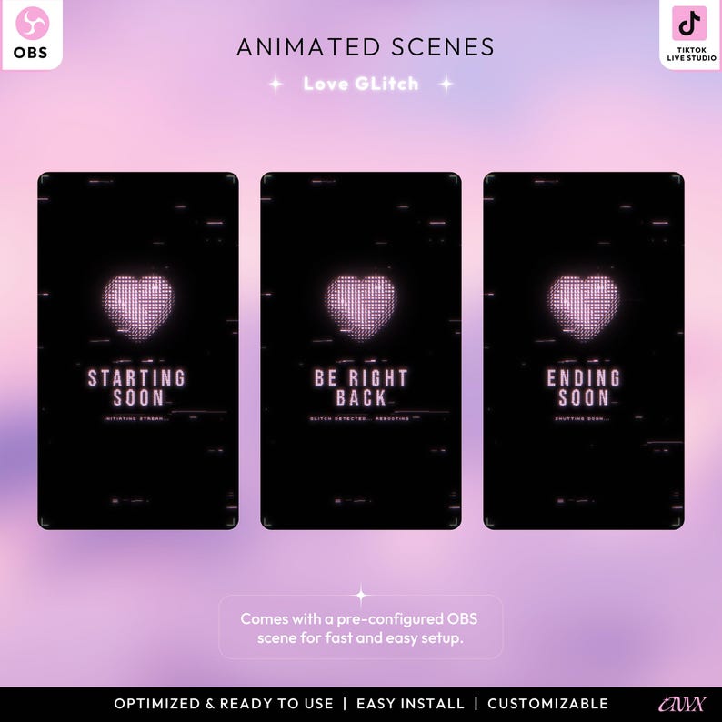 May include: Animated scenes for TikTok Live Studio with a pink and black theme. The image displays three screens with a pixelated heart design. Text includes "Starting Soon", "Be Right Back", and "Ending Soon". The scenes are optimized and ready to use.