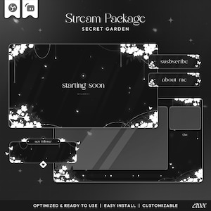 Pode incluir: Um pacote de streaming digital intitulado Secret Garden com sobreposições pretas e detalhes florais e de borboletas em branco. Inclui uma tela de início, painéis com as etiquetas subscribe e about me, um alerta de new follower e uma moldura de layout.