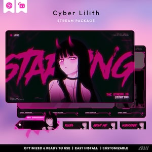 Cyber Lilith Stream Package | Anime Twitch Overlay Pack | Cyberpunk VTuber Overlays | Dark Aesthetic Stream Bundle OBS