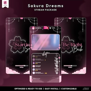 Puede incluir: Un paquete de transmisión digital titulado "Sakura Dreams" con un tema rosa y negro. El paquete incluye pantallas superpuestas con elementos de chat y transmisión en vivo, con texto como "Starting Soon" y "Be Right Back". El diseño incorpora motivos de flores de sakura.