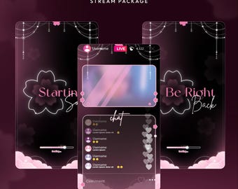 May include: A digital stream package titled "Sakura Dreams" with a pink and black theme. The package includes overlay screens with chat and live stream elements, featuring text like "Starting Soon" and "Be Right Back". The design incorporates sakura flower motifs.
