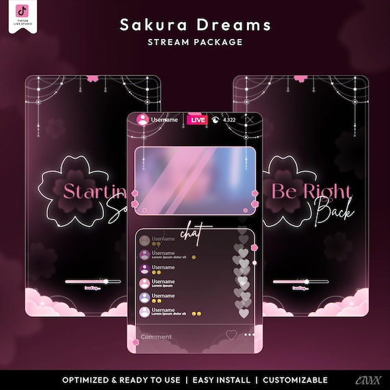 Sakura Dreams TikTok Overlay Package, Pink and Black Twitch Overlays and Alerts, Kawaii Cherry Blossom Stream Bundle for TikTok Live Studio