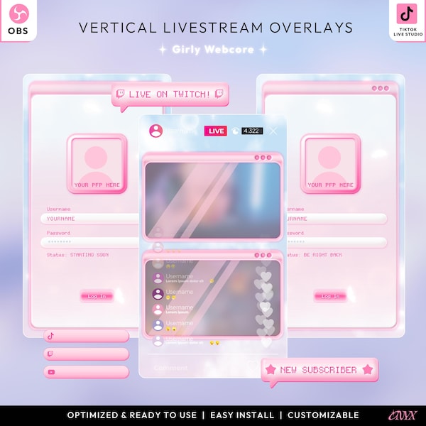 Girly Webcore Theme Overlay Pack for TikTok, Y2K Vibes for Your Lives, Cute TikTok Live Studio Package, Vertical Livestream Overlay Pack