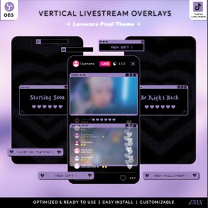 Puede incluir: Superposiciones de transmisión en vivo verticales con un tema Lovecore Pixel. El diseño presenta una combinación de colores negro y morado con elementos de texto como "Starting Soon", "Be Right Back" y "New Gift!".