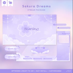 May include: A digital stream package named "Sakura Dreams" in a soft purple and white palette. The design features cloud and cherry blossom patterns, with text elements including "Starting Soon", "about me", and "subscribe".