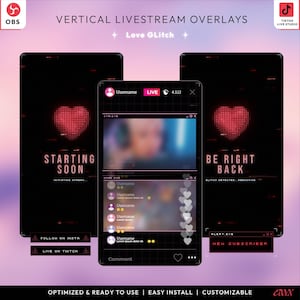 May include: Vertical livestream overlays with a black and red theme. The design includes a heart graphic, the text "Starting Soon", and a simulated live stream interface. The overlays are designed for TikTok Live Studio.