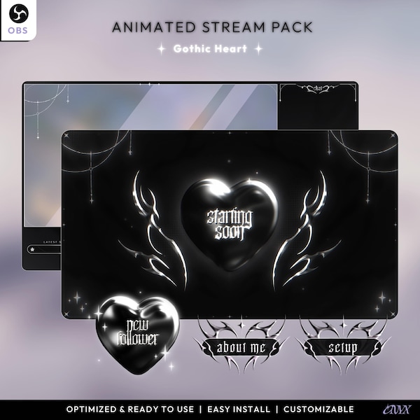 Gothic Heart | Animated Stream Pack | Dark Y2K Aesthetic Twitch Overlay & Alerts