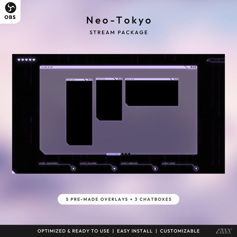 May include: Neo-Tokyo stream package graphic with a purple and black design. The image includes a display with 5 pre-made overlays and 3 chat boxes. The text on the image says "Optimized & Ready to Use | Easy Install | Customizable".