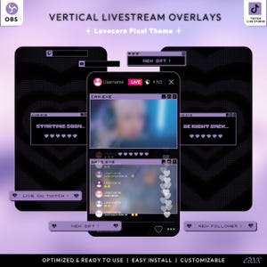 Può includere: Overlay di livestream verticali con un tema Lovecore Pixel. Il design presenta un'interfaccia per smartphone con un live stream, chat e vari elementi di notifica. La combinazione di colori è principalmente nero e viola, con testo come "Starting Soon" e "New Gift!"