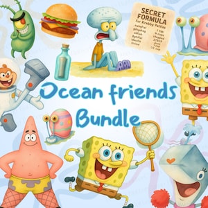 Puede incluir: Una ilustración digital con personajes de Bob Esponja incluyendo a Patricio Estrella, Calamardo Tentáculos, Gary el caracol, Arenita Mejillas y Plankton, con una nota de Secret Formula y el texto Ocean friends Bundle en azul.